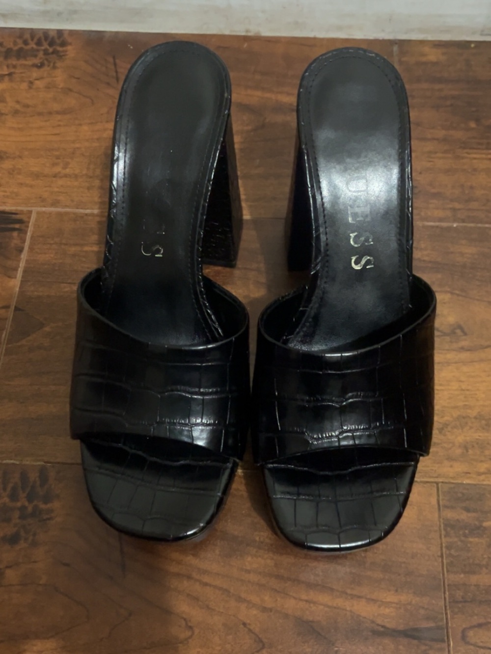 Guess by Marciano Black Croc-Embossed Slide Mules